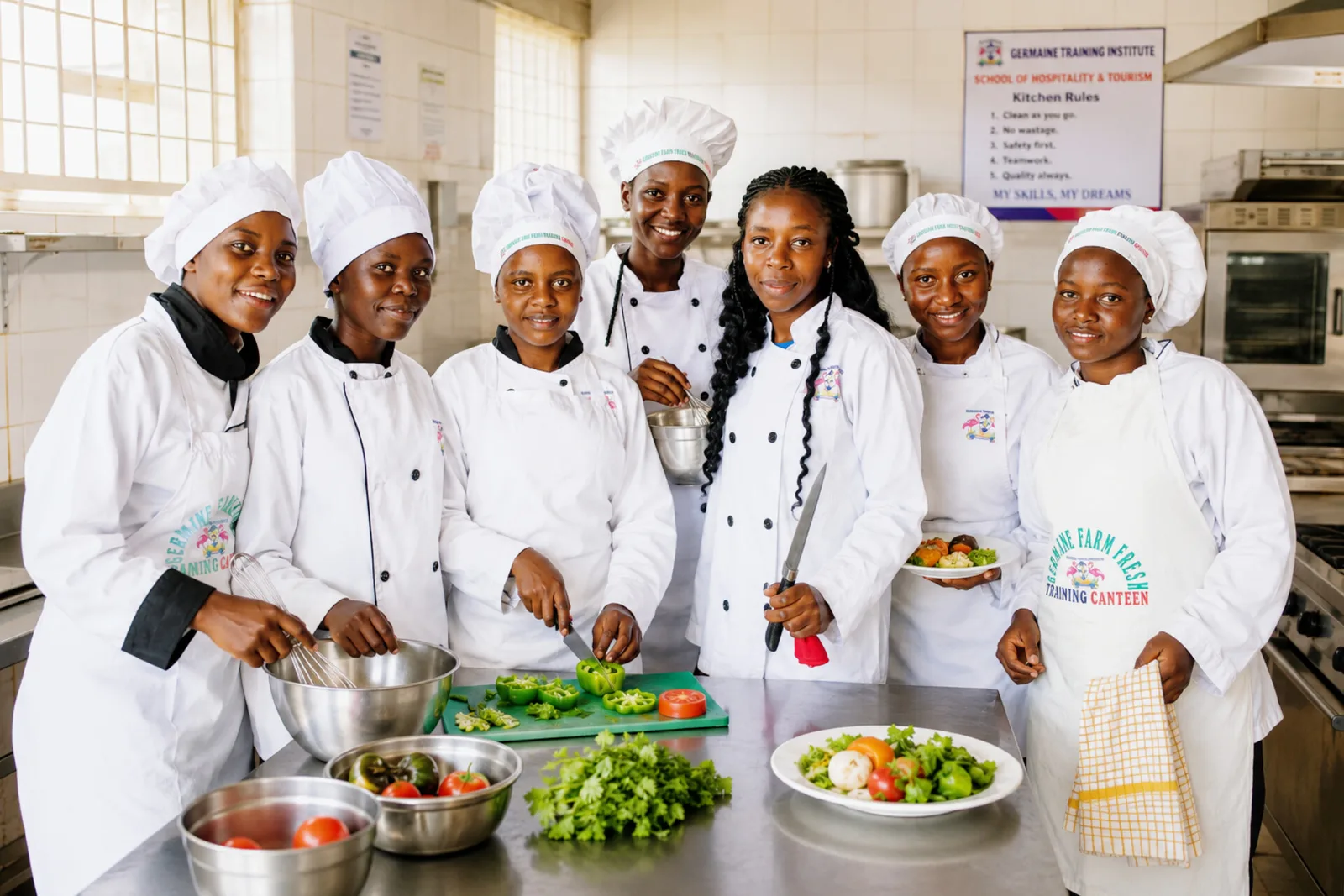Hospitality trainees preparing a service table at Germaine
