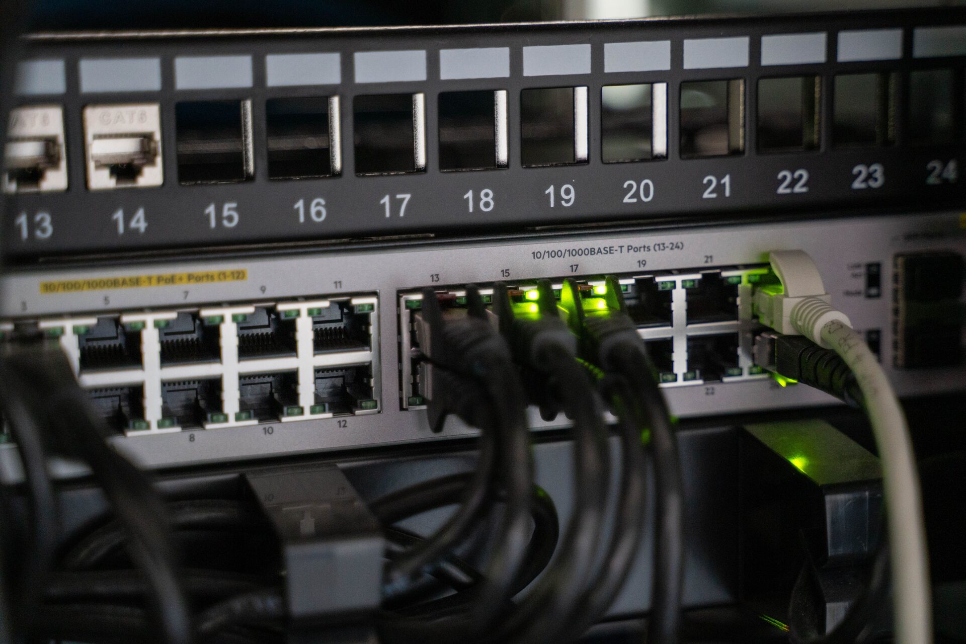 Close-up of cloud server network infrastructure and cabling