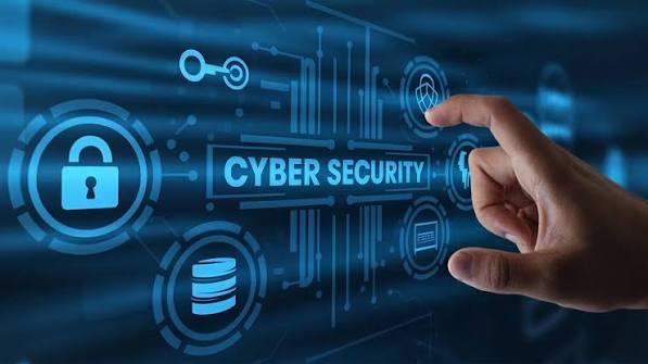 Cyber security themed workstation with security icons on screen