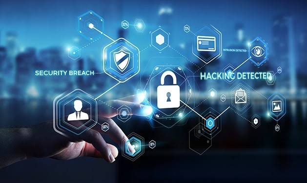 Cybersecurity graphic showing a digital padlock with security breach and hacking-detection alerts